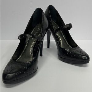 BCBGirls Y2K black leather platform Mary Jane pumps with decorative stitching